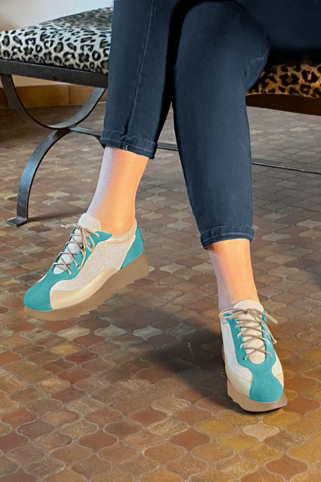 Aquamarine blue and gold women's two-tone elegant sneakers. Round toe. Low rubber soles. Worn view - Florence KOOIJMAN